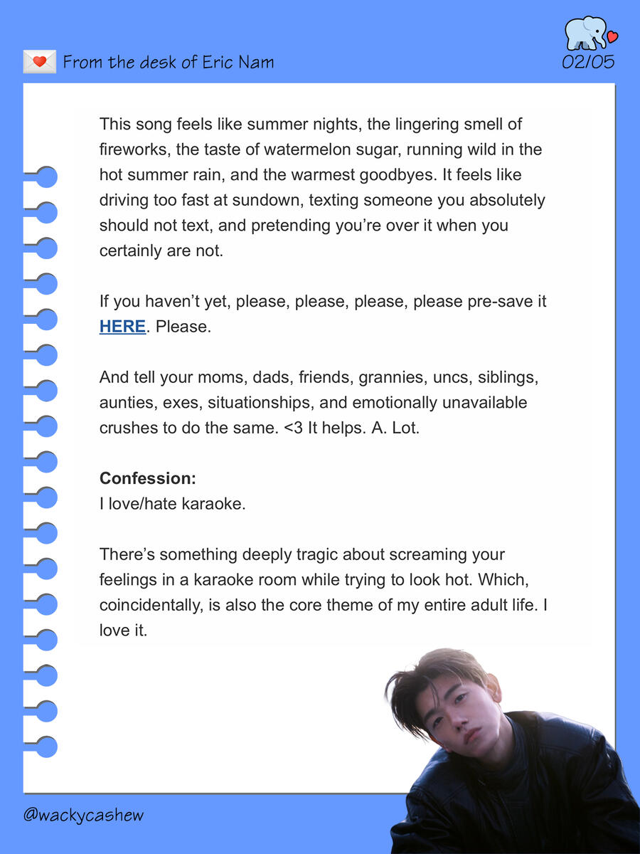 Eric Nam newsletter sent on May 27, 2026 - Miss Me More single out on June 5, 2026