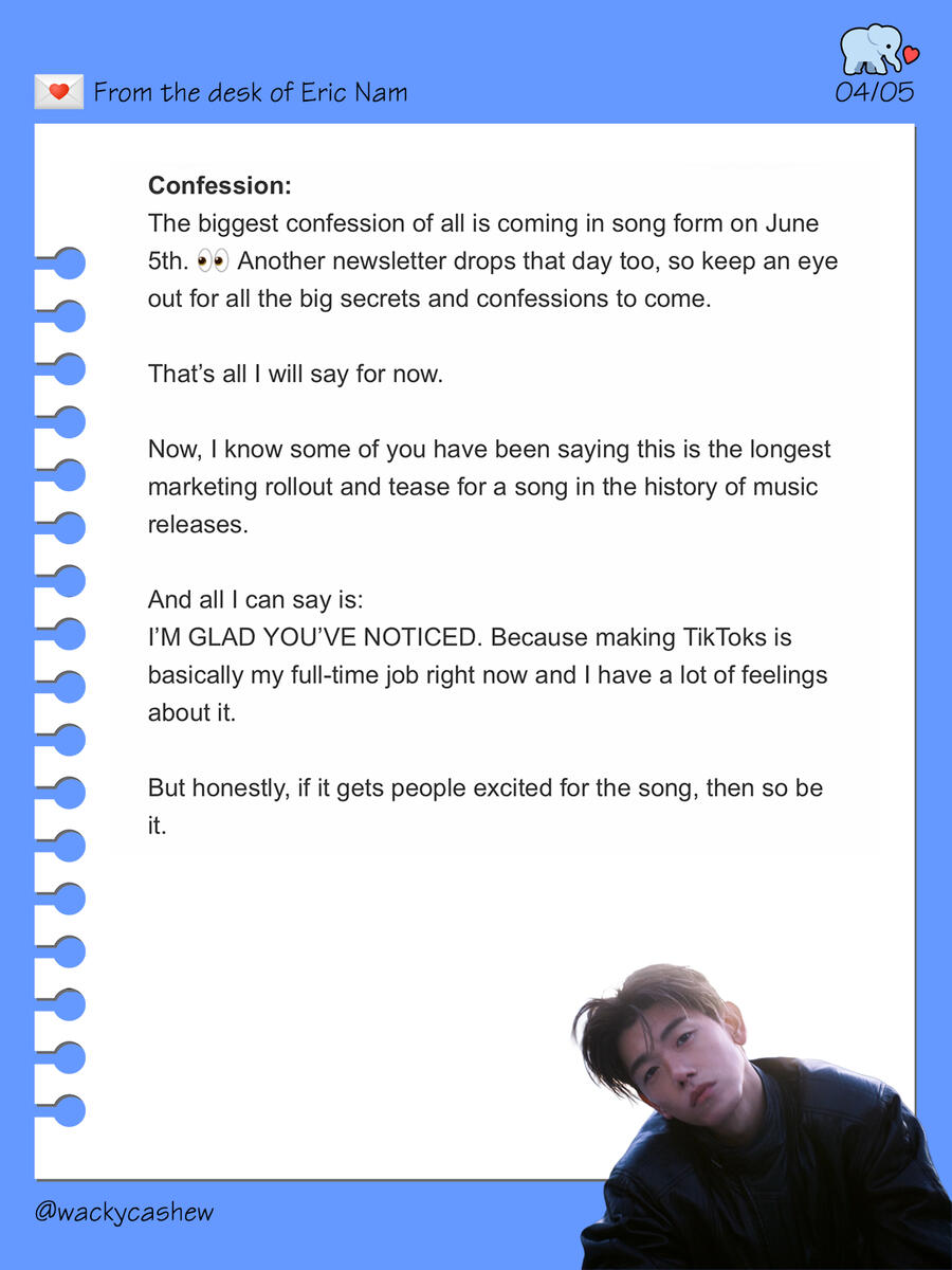 Eric Nam newsletter sent on May 27, 2026 - Miss Me More single out on June 5, 2026