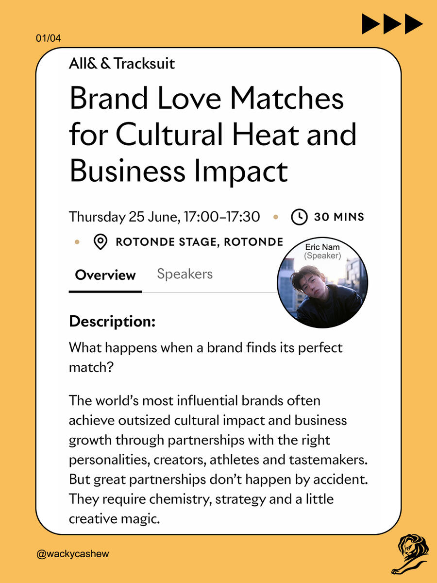 Eric Nam speaking at Cannes Lions 2026 on Brand Love Matches for Cultural Heat and Business Impact