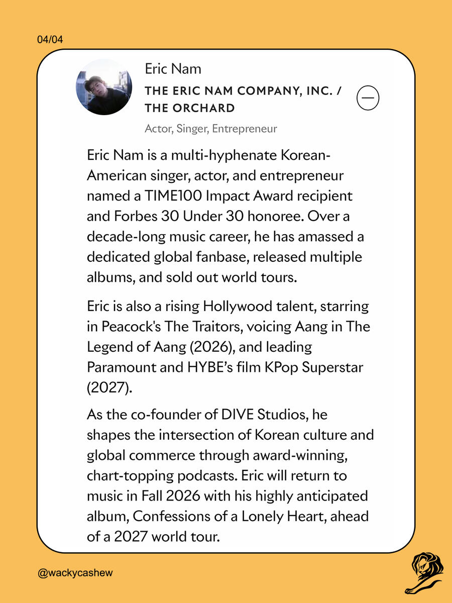 Eric Nam speaking at Cannes Lions 2026 on Brand Love Matches for Cultural Heat and Business Impact