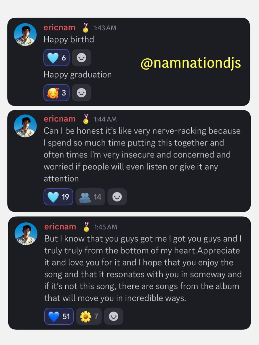 Eric Nam chats with fans on Official Nam Nation Discord Eric Nam chats with fans on Official Nam Nation Discord