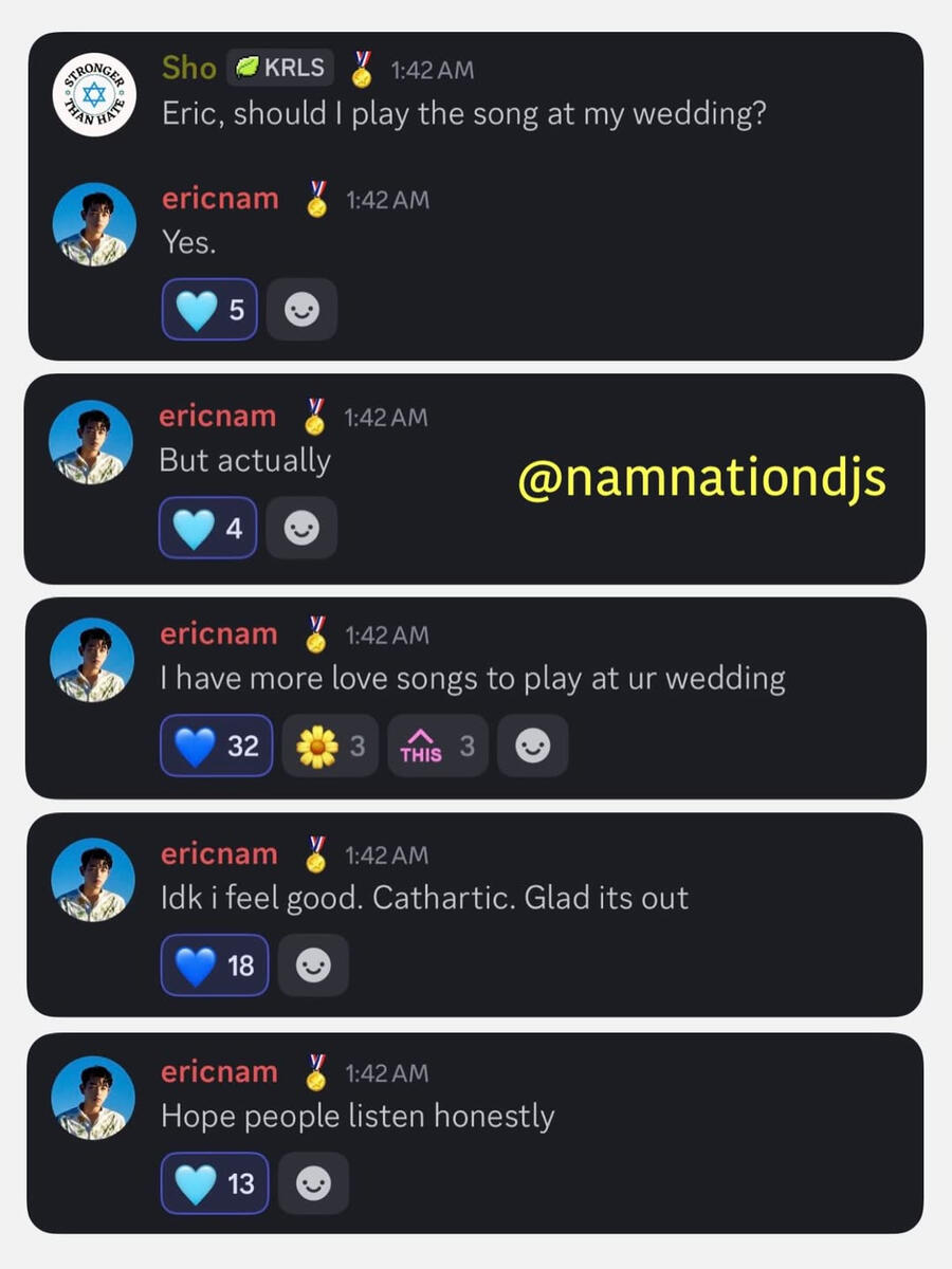 Eric Nam chats with fans on Official Nam Nation Discord Eric Nam chats with fans on Official Nam Nation Discord