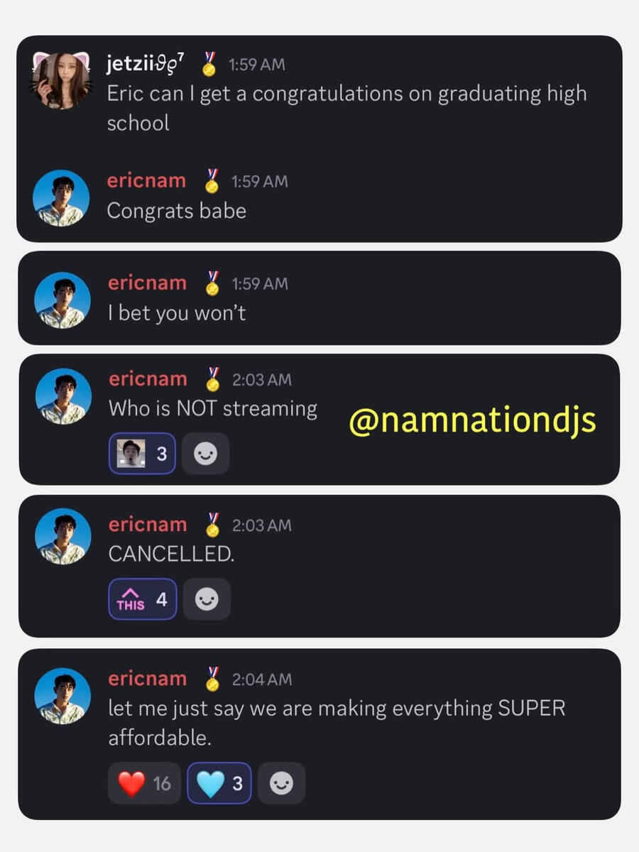 Eric Nam chats with fans on Official Nam Nation Discord
