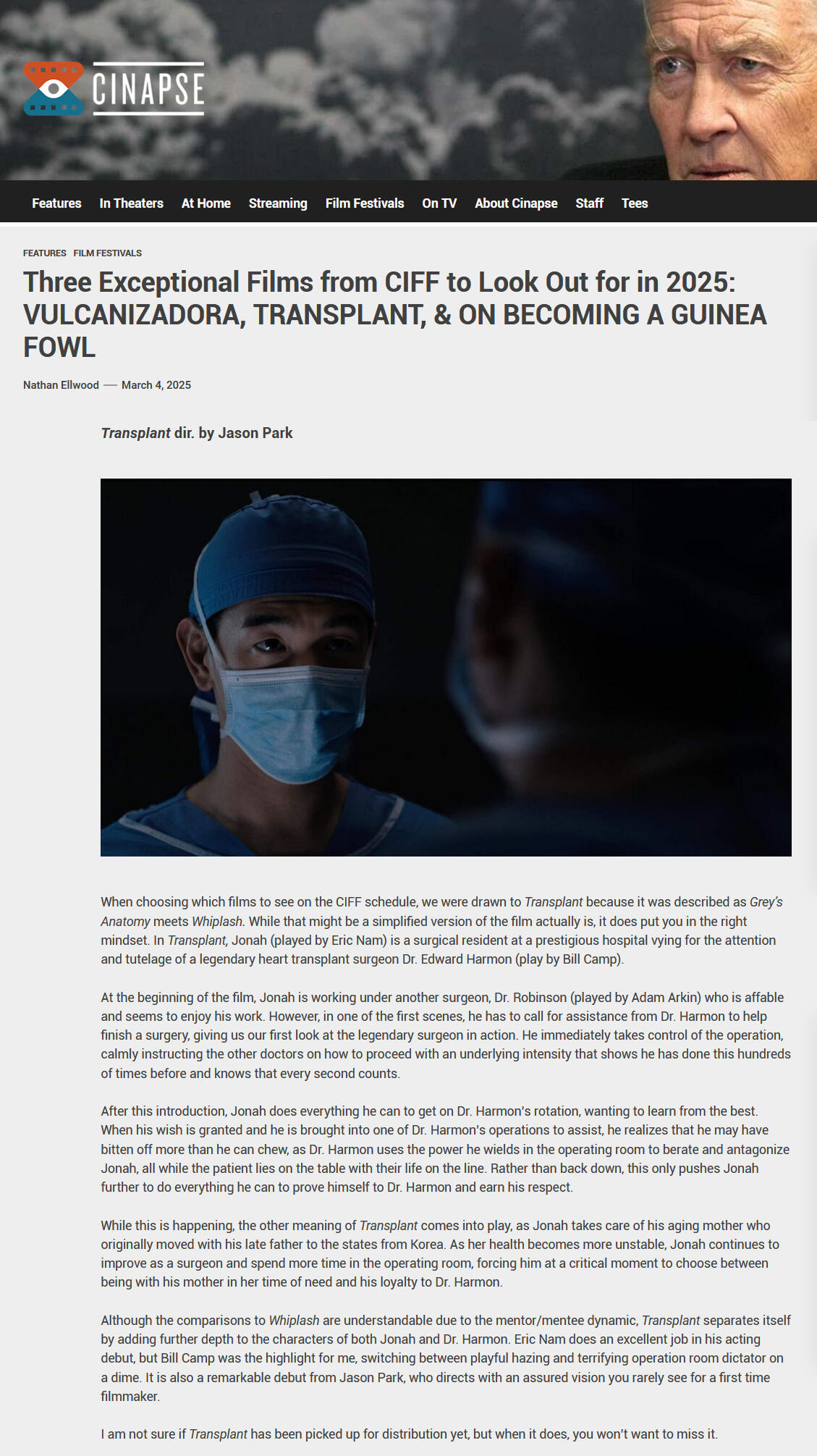 Three Exceptional Films from CIFF to Look Out for in 2025: VULCANIZADORA, TRANSPLANT, & ON BECOMING A GUINEA FOWL Cinapse article on Transplant movie starring Eric Nam and directed by Jason Park