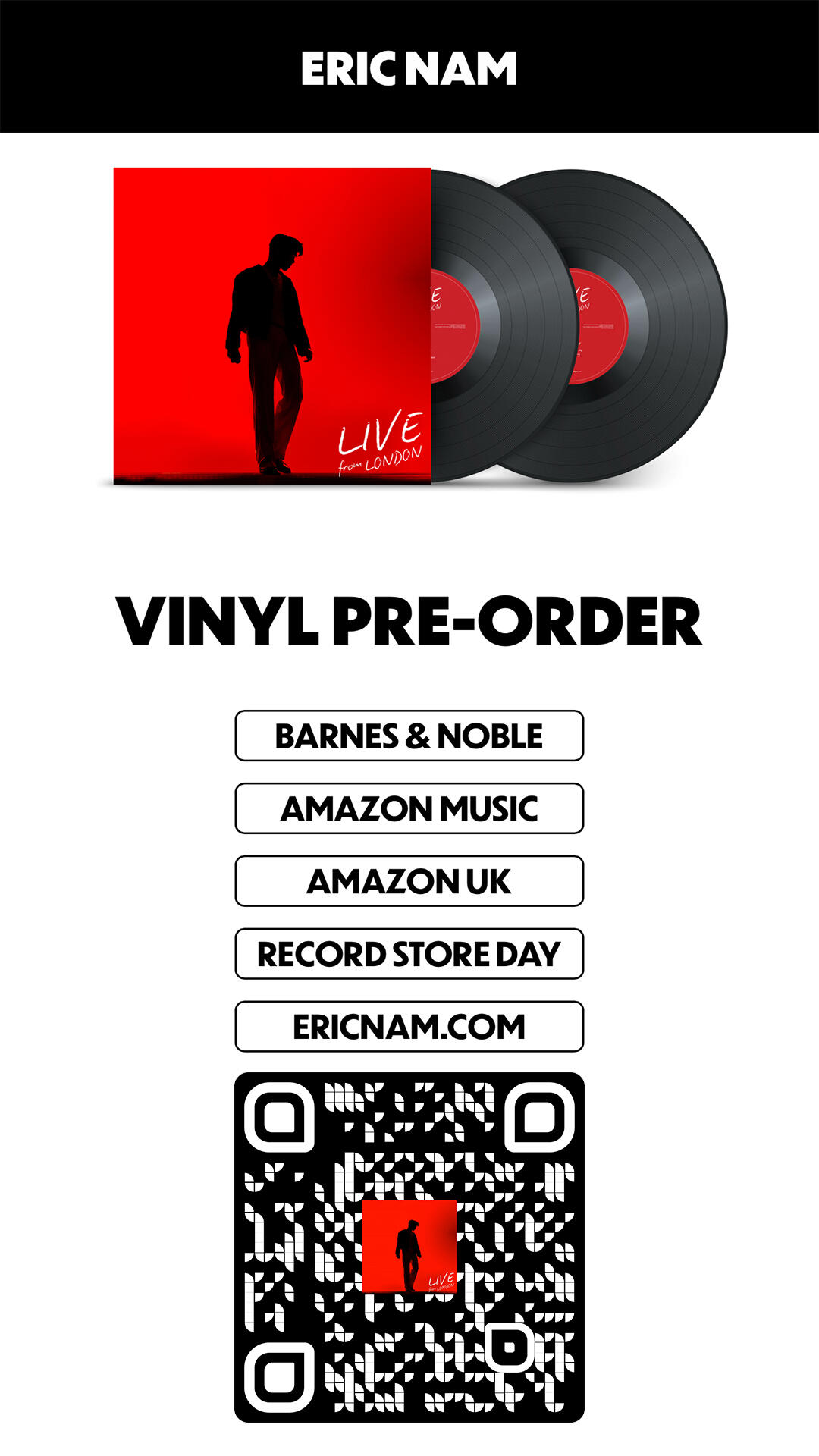 Eric Nam Live From London Vinyl Album Pre-order Eric Nam Live From London Vinyl Album Pre-order is now available for global shipping