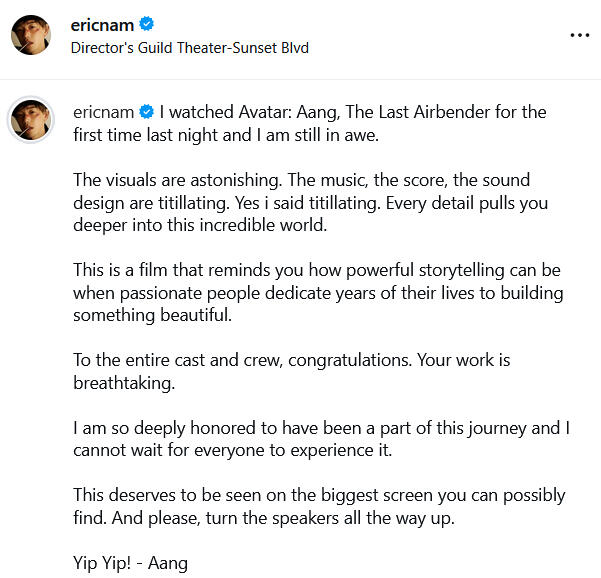 Eric Nam sharing his thoughts after watching the screening of their film, Avatar: Aang, The Last Airbender on March 6, 2026. Eric Nam sharing his thoughts after watching the screening of their film, Avatar: Aang, The Last Airbender on March 6, 2026.