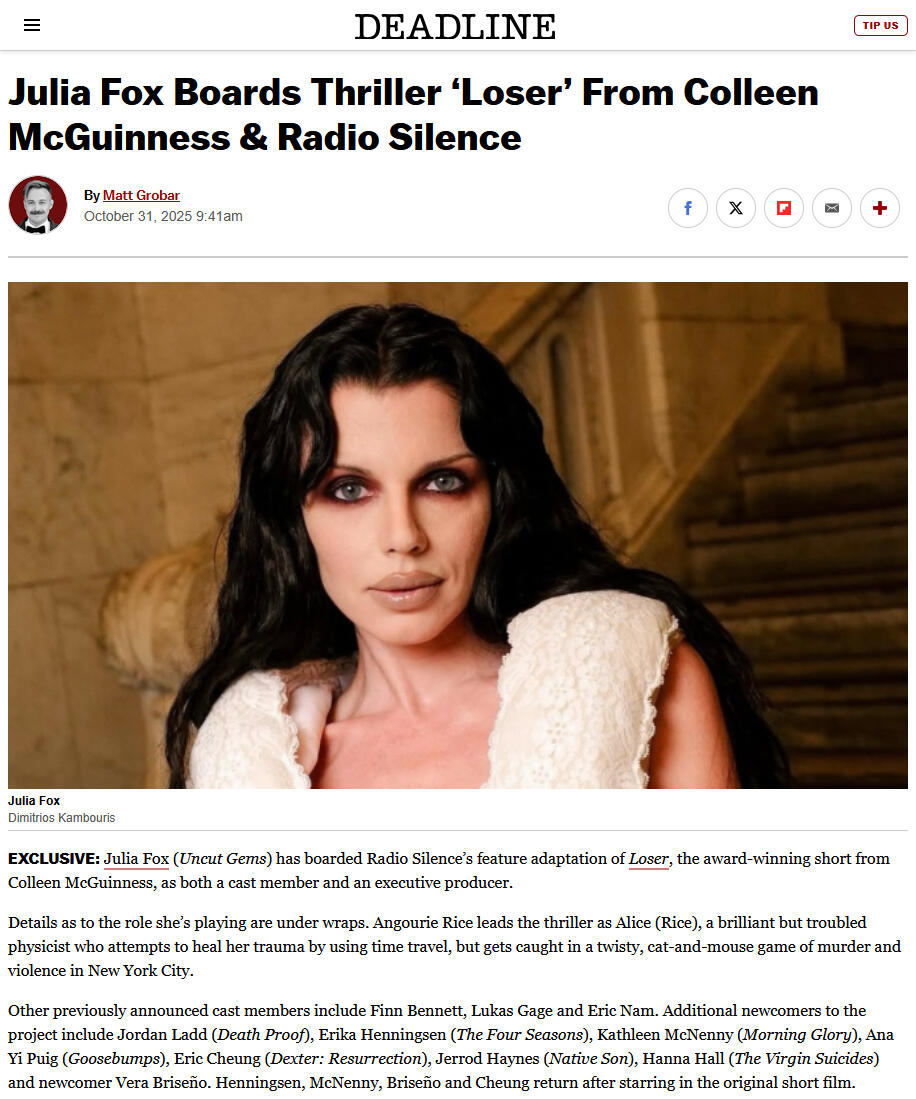 Eric Nam confirmed for the thriller Loser and Julia Fox joins as cast member and executive producer.