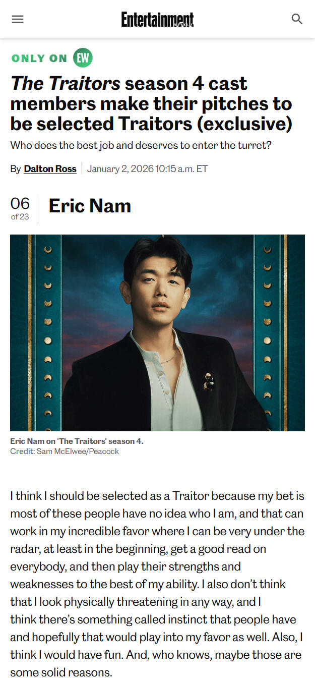 Eric Nam's pitch to be selected as a Traitor in The Traitors US Season 4 on Peacock