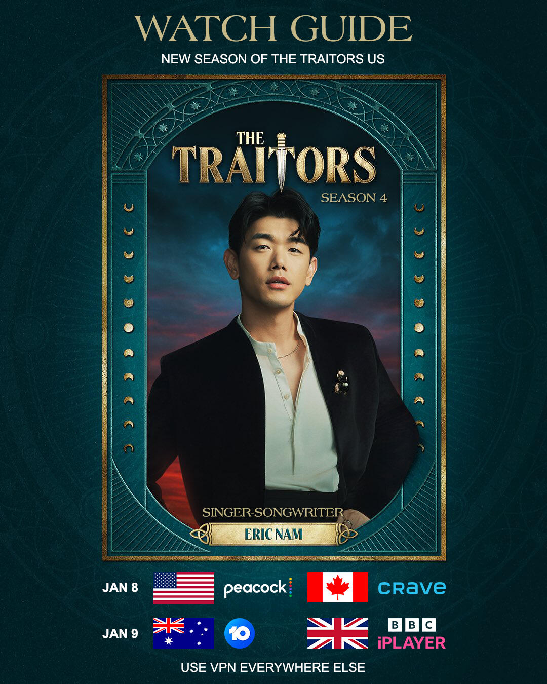 Watch Guide for Eric Nam in The Traitors US Season 4 Watch Guide for Eric Nam in The Traitors US Season 4