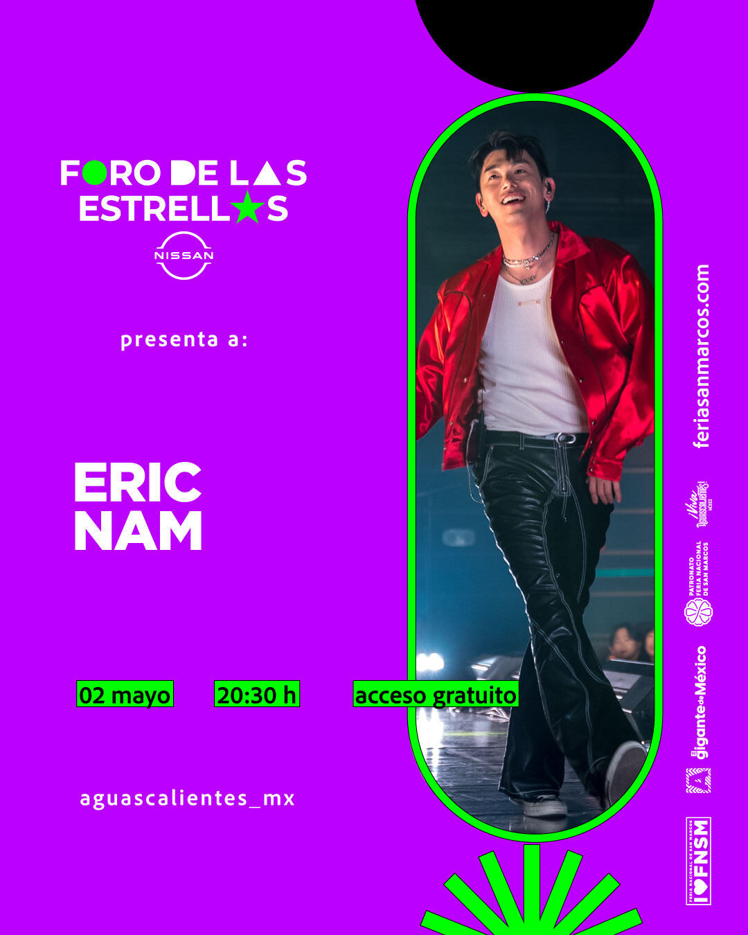 Eric Nam in Feria Nacional de San Marcos at the Foro de las Estrellas in Aguascalientes, Mexico on Sat. May 2, 2026 Eric Nam in Feria Nacional de San Marcos (San Marcos National Fair) at the Foro de las Estrellas (All-Star Forum) in Aguascalientes, Mexico on Sat. May 2, 2026