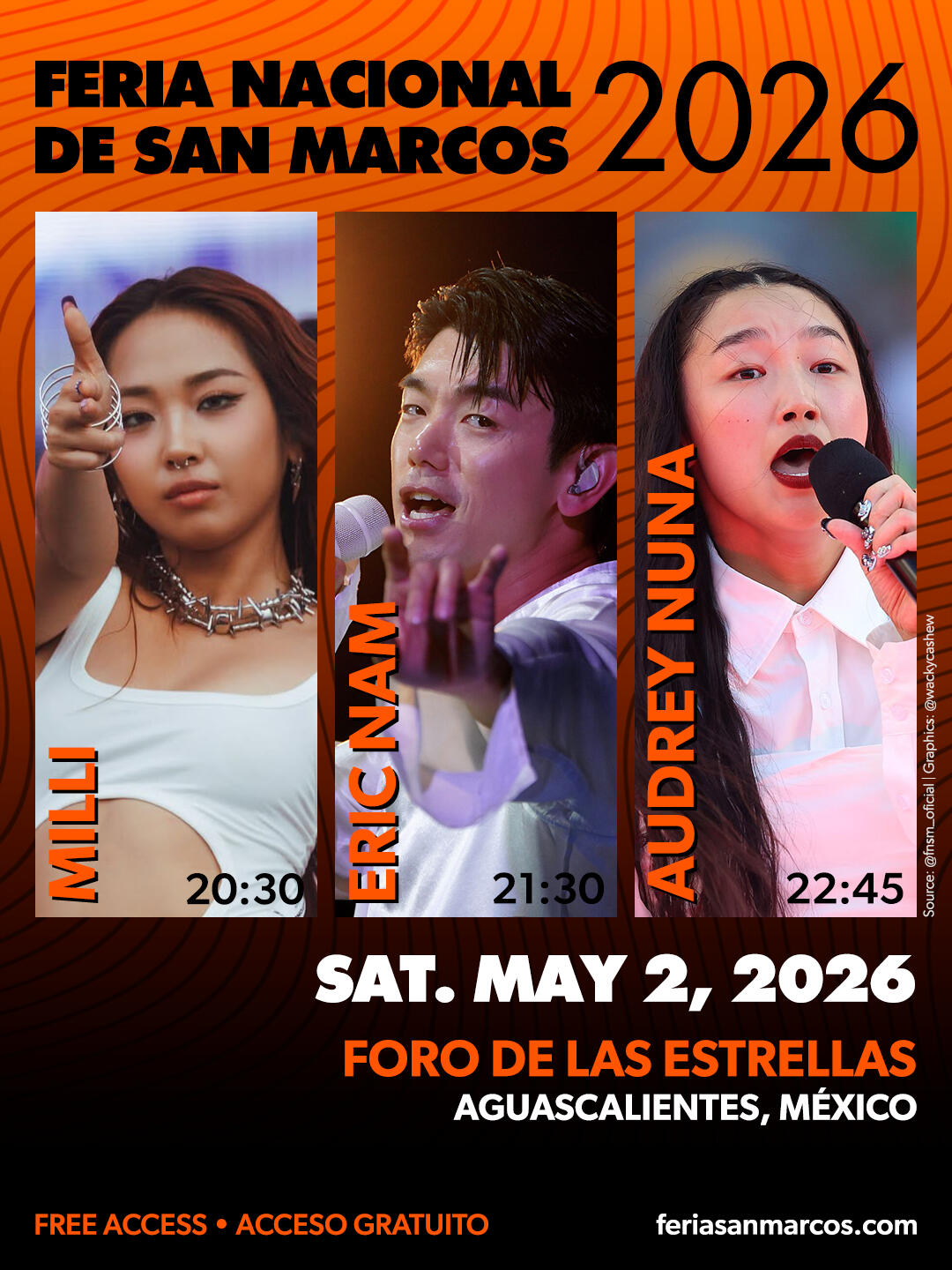 Eric Nam in Feria Nacional de San Marcos at the Foro de las Estrellas in Aguascalientes, Mexico on Sat. May 2, 2026 Eric Nam in Feria Nacional de San Marcos (San Marcos National Fair) at the Foro de las Estrellas (All-Star Forum) in Aguascalientes, Mexico on Sat. May 2, 2026